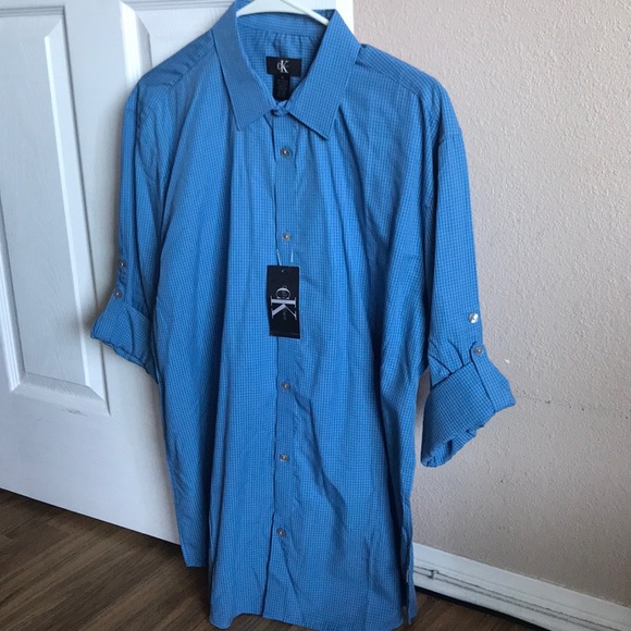 NWT Calvin Klein Blue Shirt Long Sleeve Roll Up - Picture 1 of 2